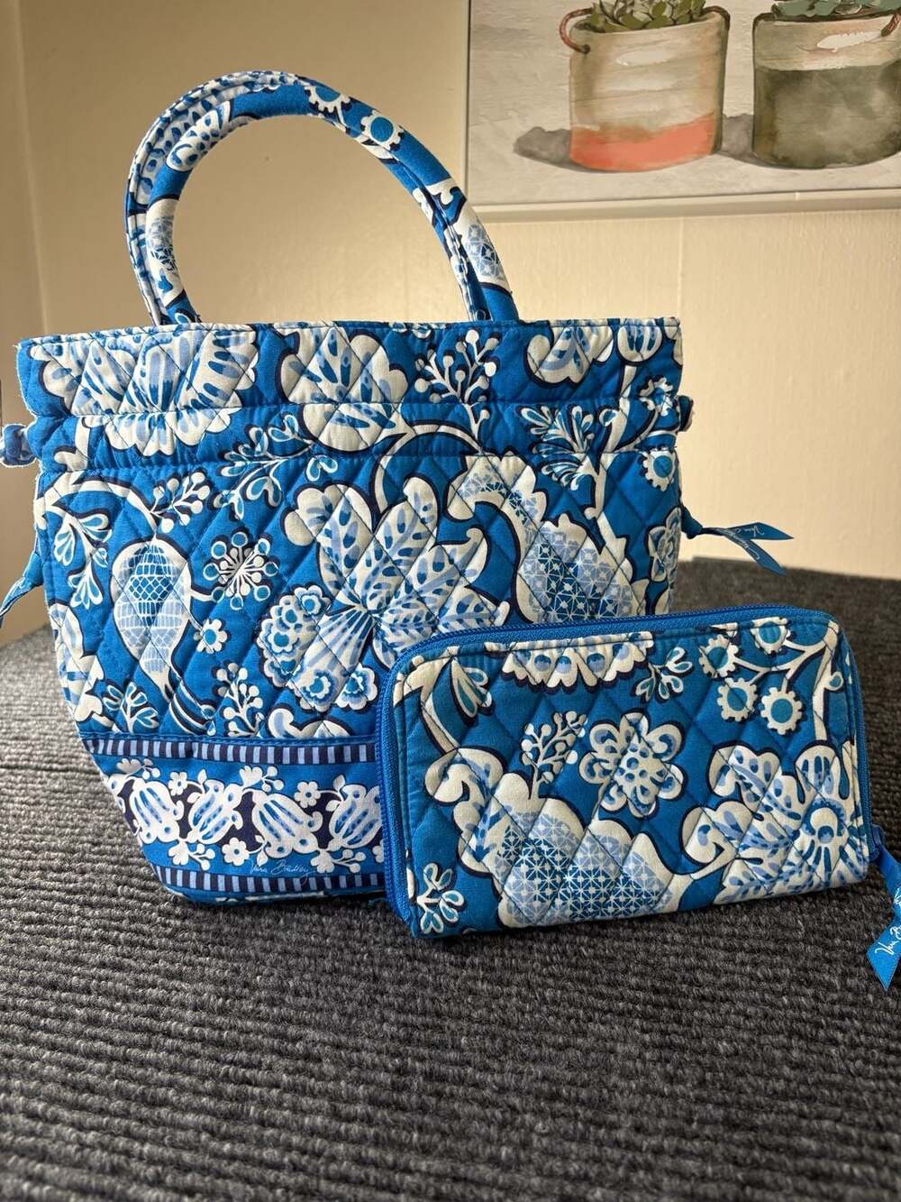 Vera Bradley Quilted Blue Floral Tote Bag And Zip Wallet Set